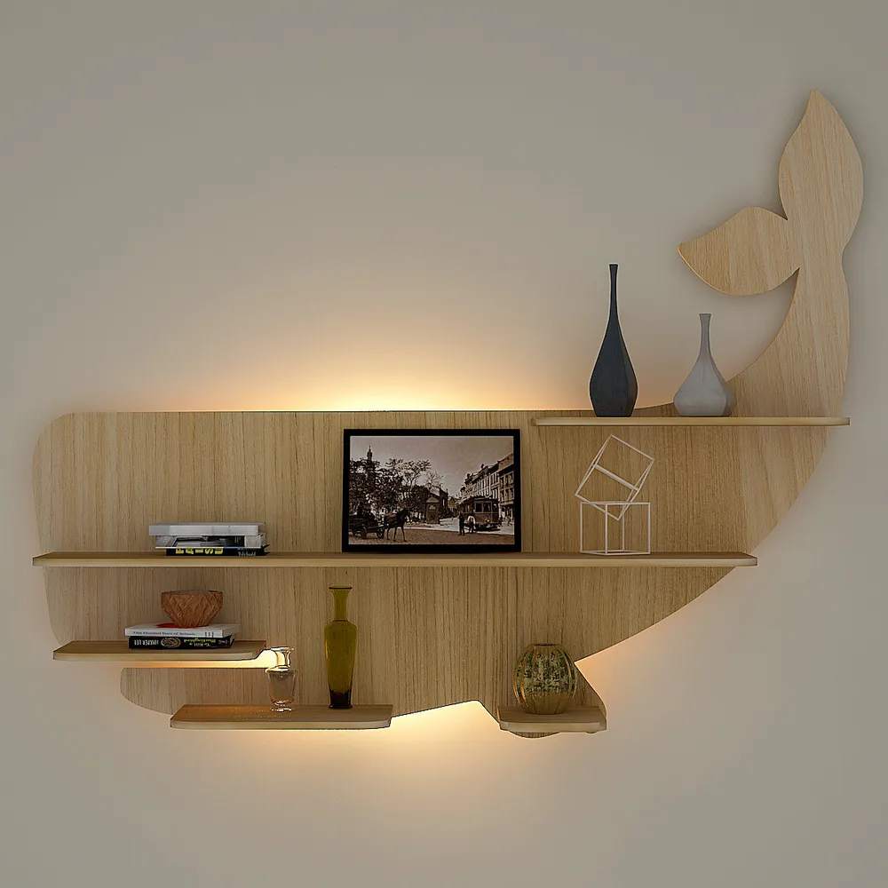 Whale Backlit Wood Wall Shelf / Book Shelf / Night Light, Light Oak Finish Regular ( 32 inches x 25 inches )
