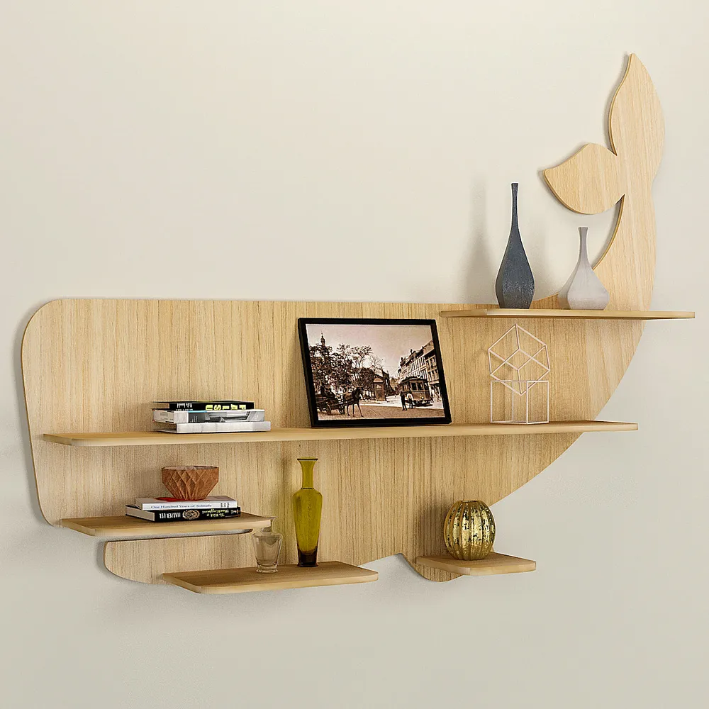 Whale Backlit Wood Wall Shelf / Book Shelf / Night Light, Light Oak Finish Regular ( 32 inches x 25 inches )