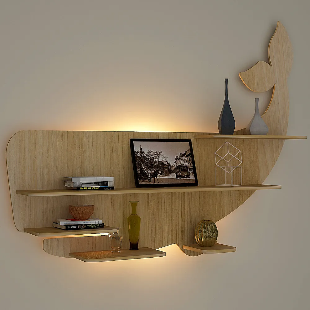 Whale Backlit Wood Wall Shelf / Book Shelf / Night Light, Light Oak Finish Regular ( 32 inches x 25 inches )