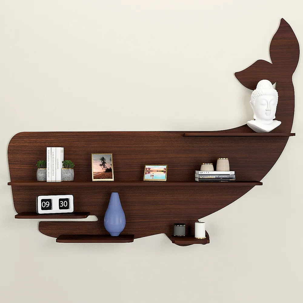 Whale Backlit Wood Wall Shelf / Book Shelf / Night Light, Walnut Finish Regular ( 32 inches x 25 inches )