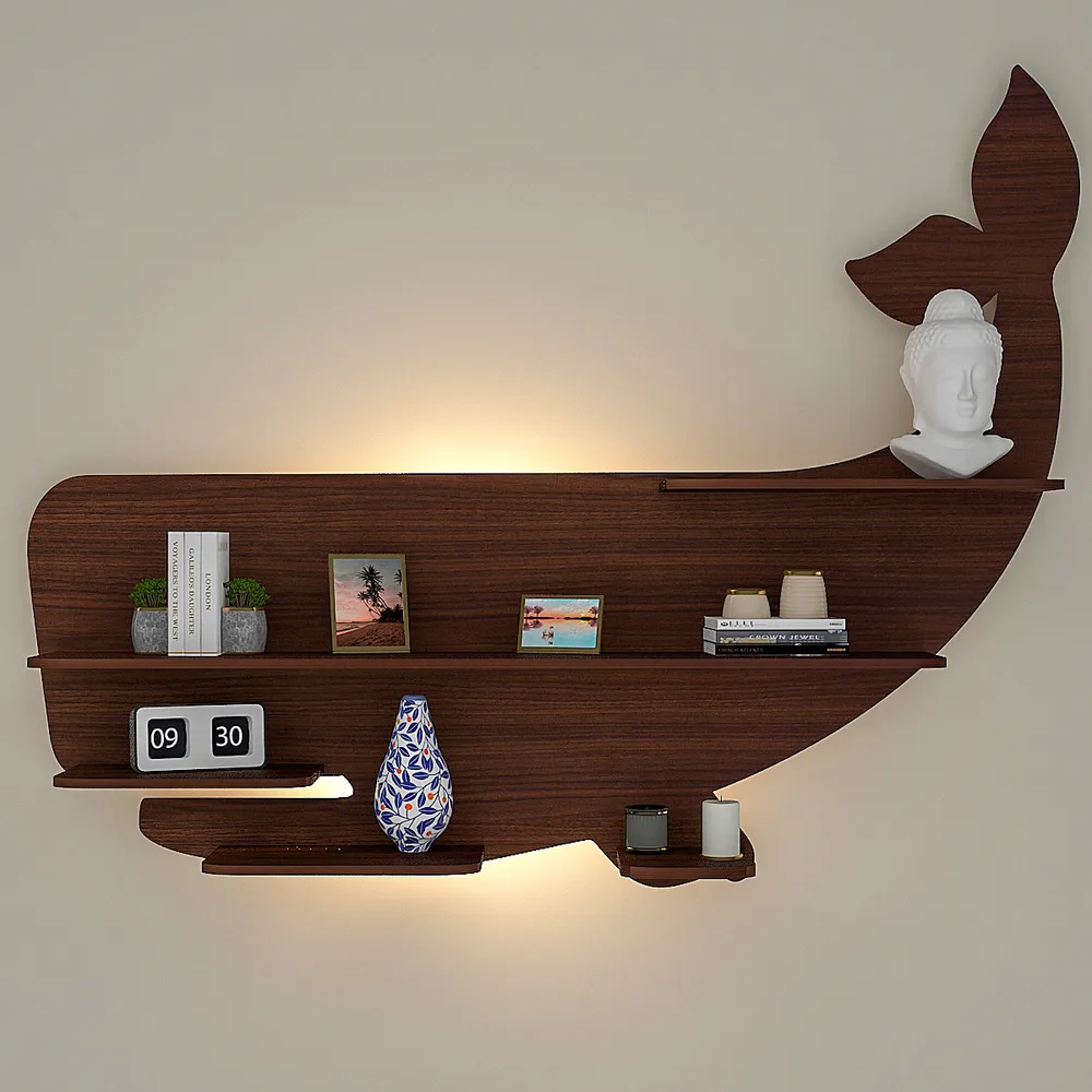Whale Backlit Wood Wall Shelf / Book Shelf / Night Light, Walnut Finish Regular ( 32 inches x 25 inches )