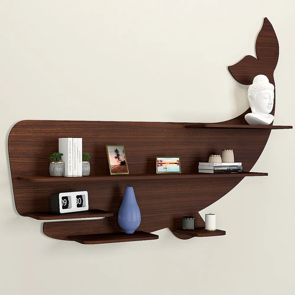 Whale Backlit Wood Wall Shelf / Book Shelf / Night Light, Walnut Finish Regular ( 32 inches x 25 inches )