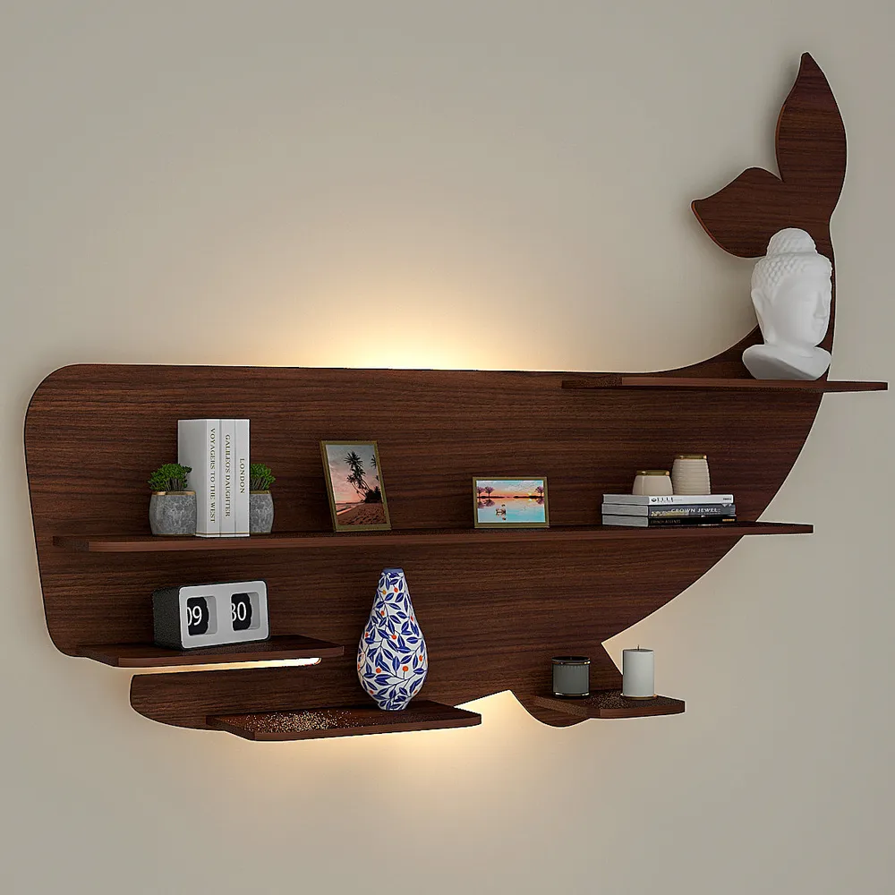 Whale Backlit Wood Wall Shelf / Book Shelf / Night Light, Walnut Finish Regular ( 32 inches x 25 inches )