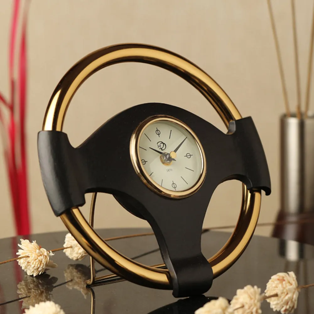 Wheel Steel Table Clock in Golden Finish