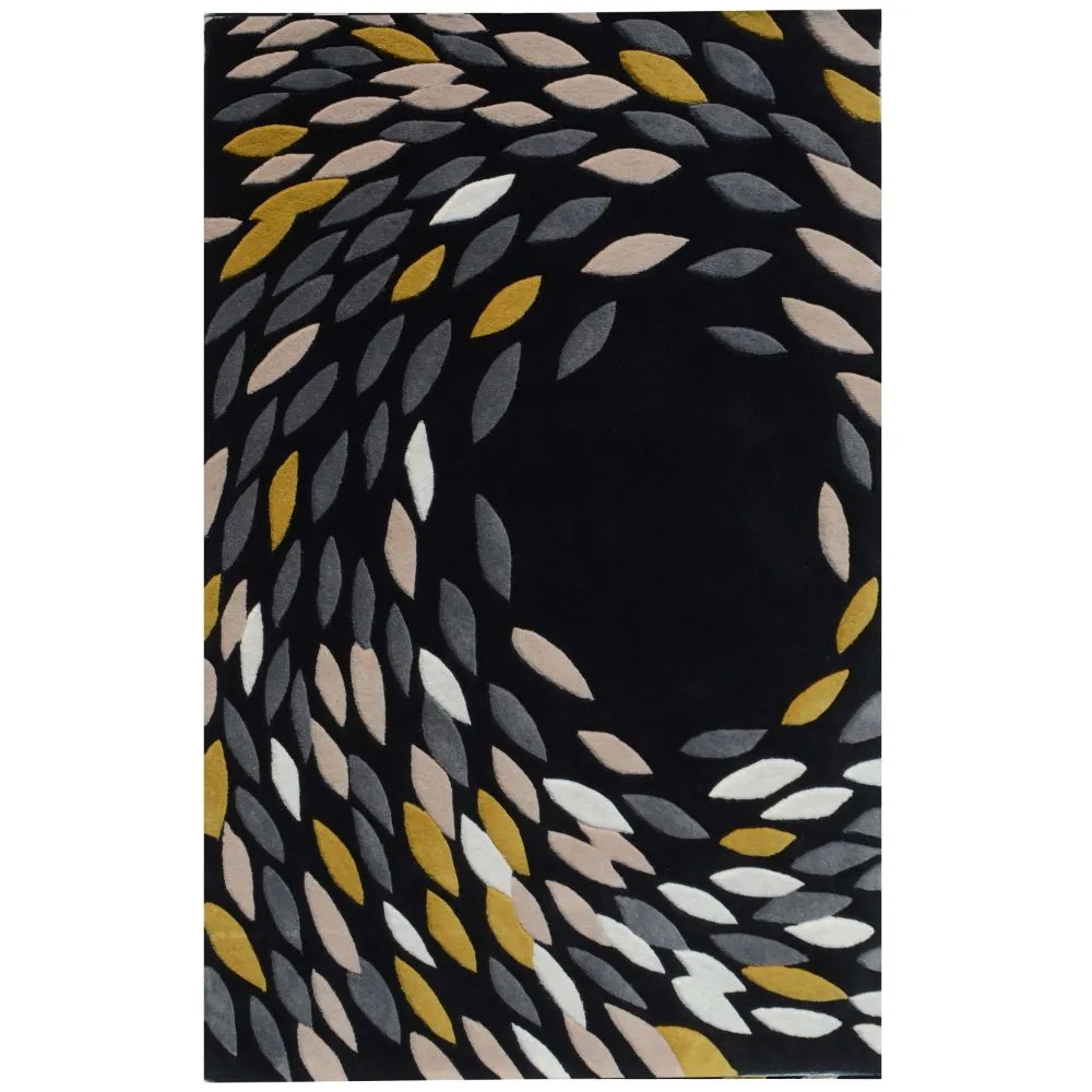 Whirling Leaves Black &amp; Yellow Tufted Area Carpet 3X5ft
