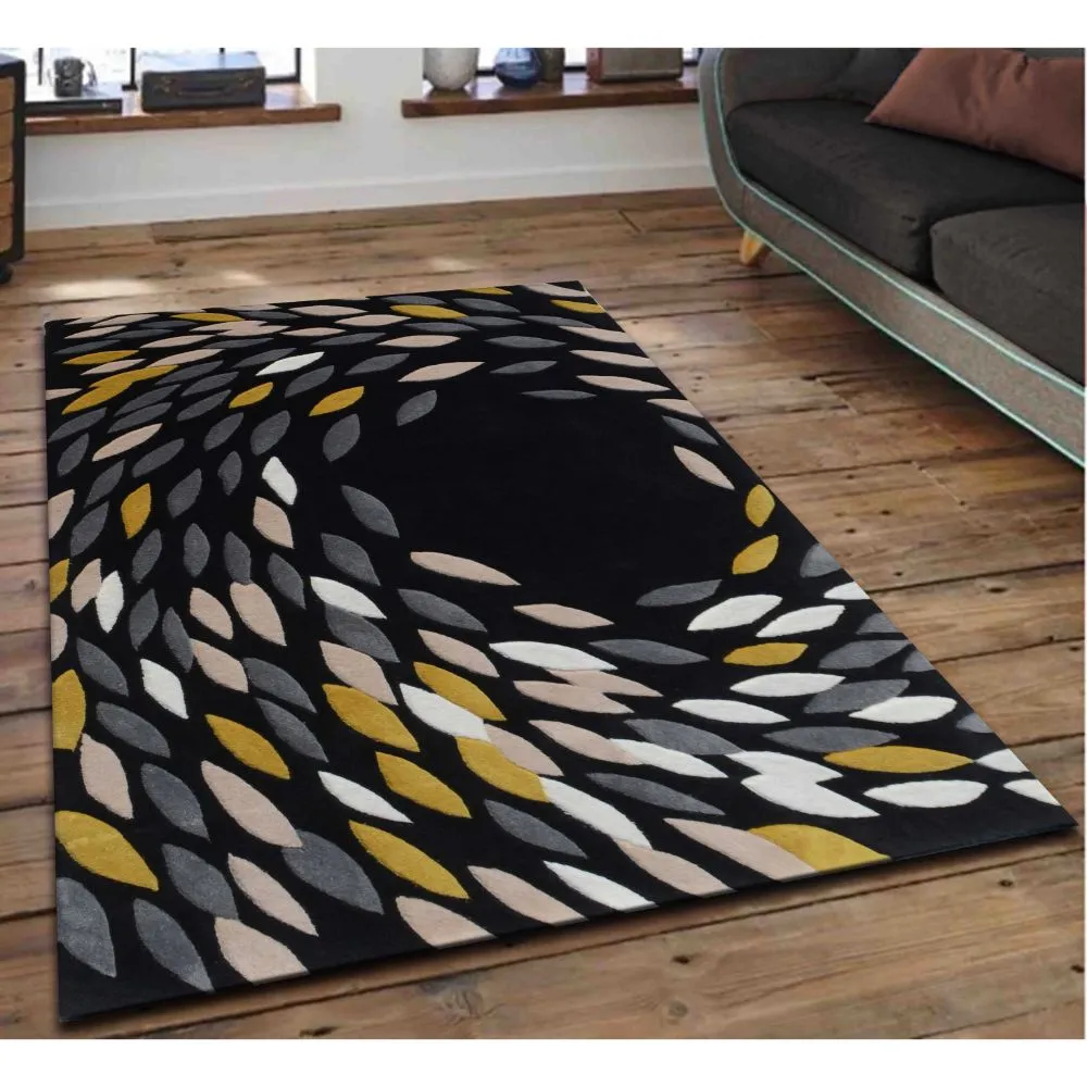 Whirling Leaves Black &amp; Yellow Tufted Area Carpet 3X5ft