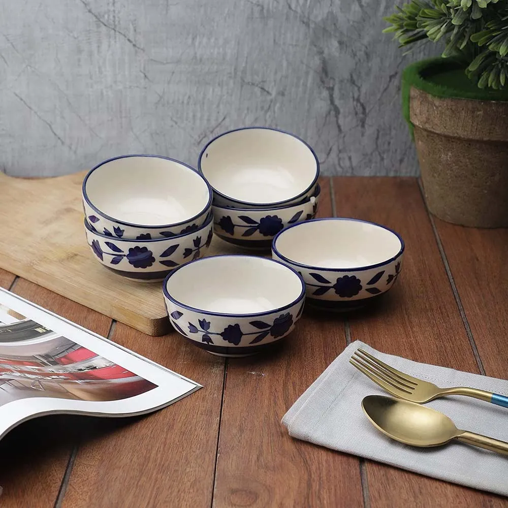 White &amp; Blue Floral Hand-painted Bowls Set Of 6