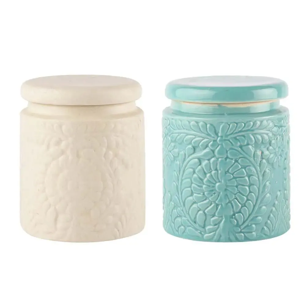 White &amp; Blue Handcrafted &amp; Handpainted Ceramic Storage Jars Set Of 2