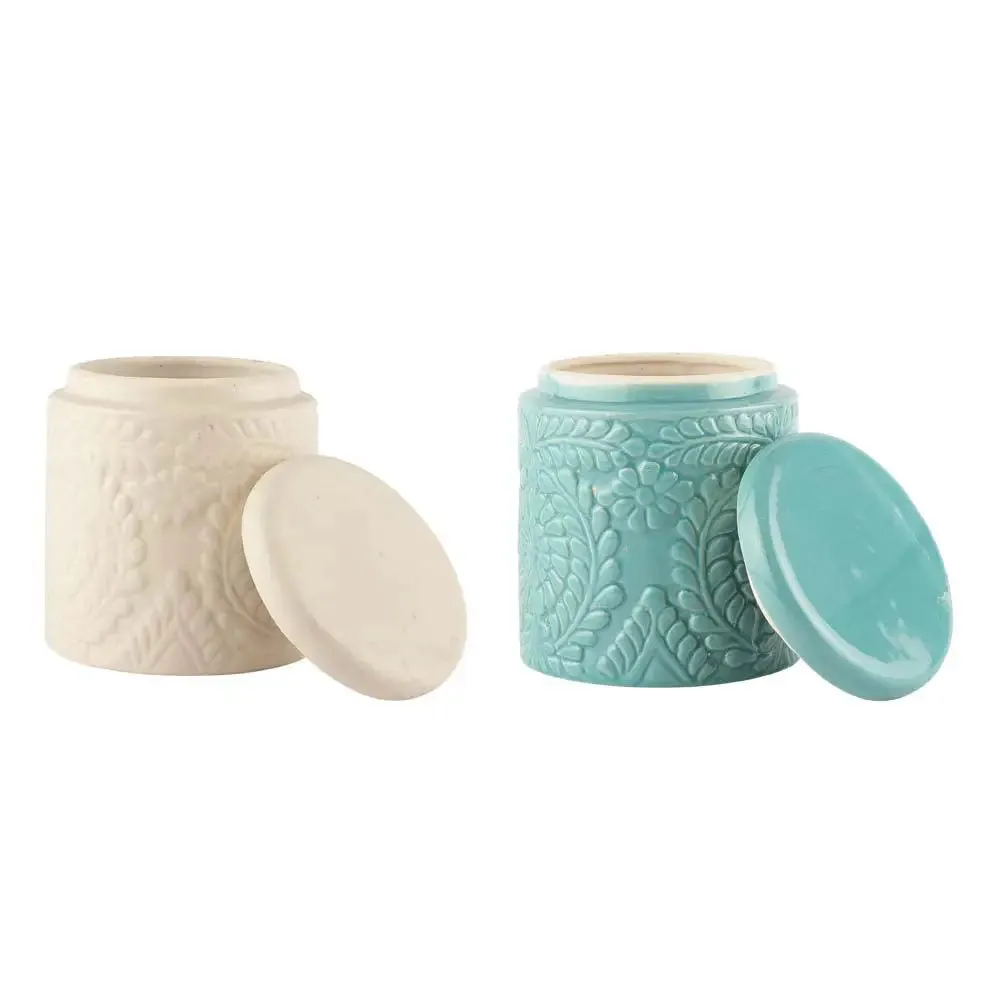 White &amp; Blue Handcrafted &amp; Handpainted Ceramic Storage Jars Set Of 2