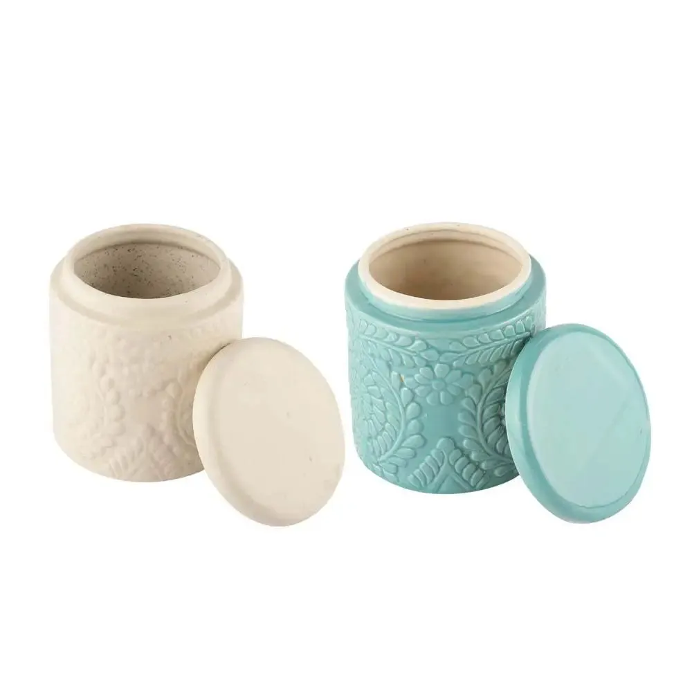 White &amp; Blue Handcrafted &amp; Handpainted Ceramic Storage Jars Set Of 2