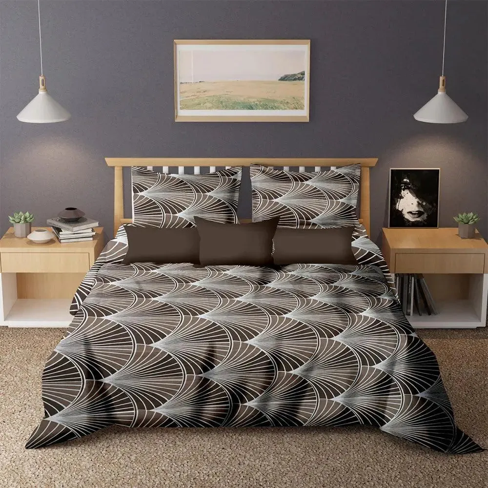 White &amp; Brown Shell Printed Cotton Double Bedsheet With 2 Pillow Covers