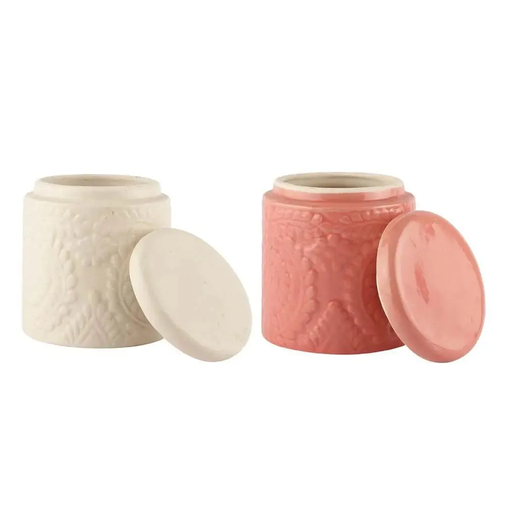 White &amp; Pink Handcrafted &amp; Handpainted Ceramic Storage Jars Set Of 2