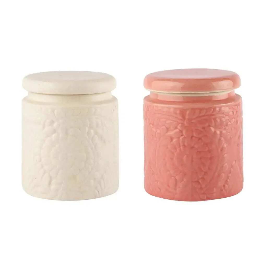 White &amp; Pink Handcrafted &amp; Handpainted Ceramic Storage Jars Set Of 2