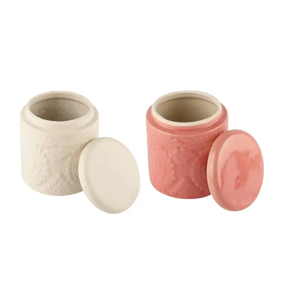 White &amp; Pink Handcrafted &amp; Handpainted Ceramic Storage Jars Set Of 2