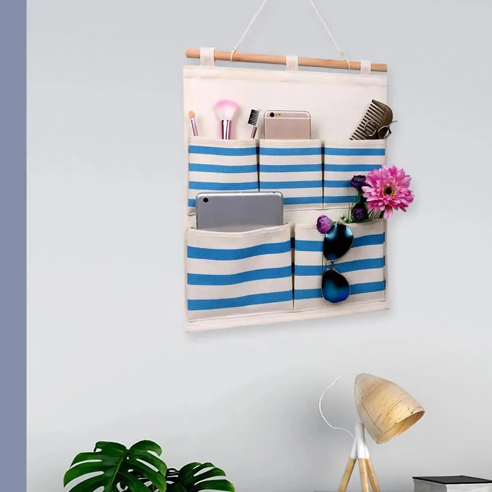 White and Blue Striped Multi-Utility Wall Hanging Organizer
