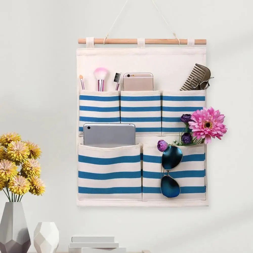 White and Blue Striped Multi-Utility Wall Hanging Organizer