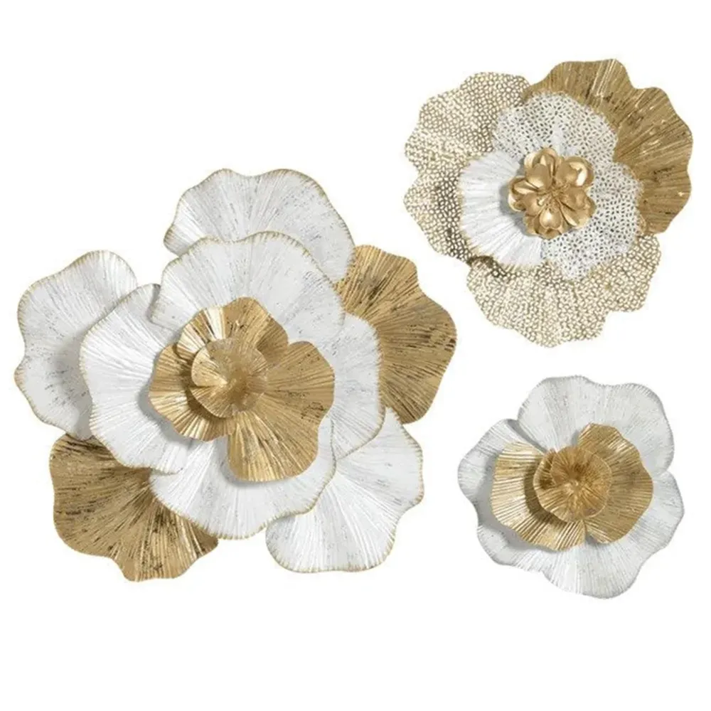 WallMantra White And Golden Flower Metal Wall Art Set of 5
