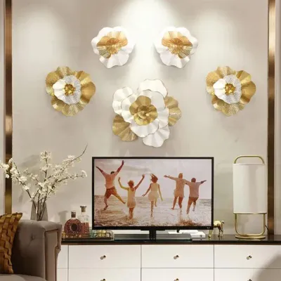 WallMantra White And Golden Flower Metal Wall Art Set of 5