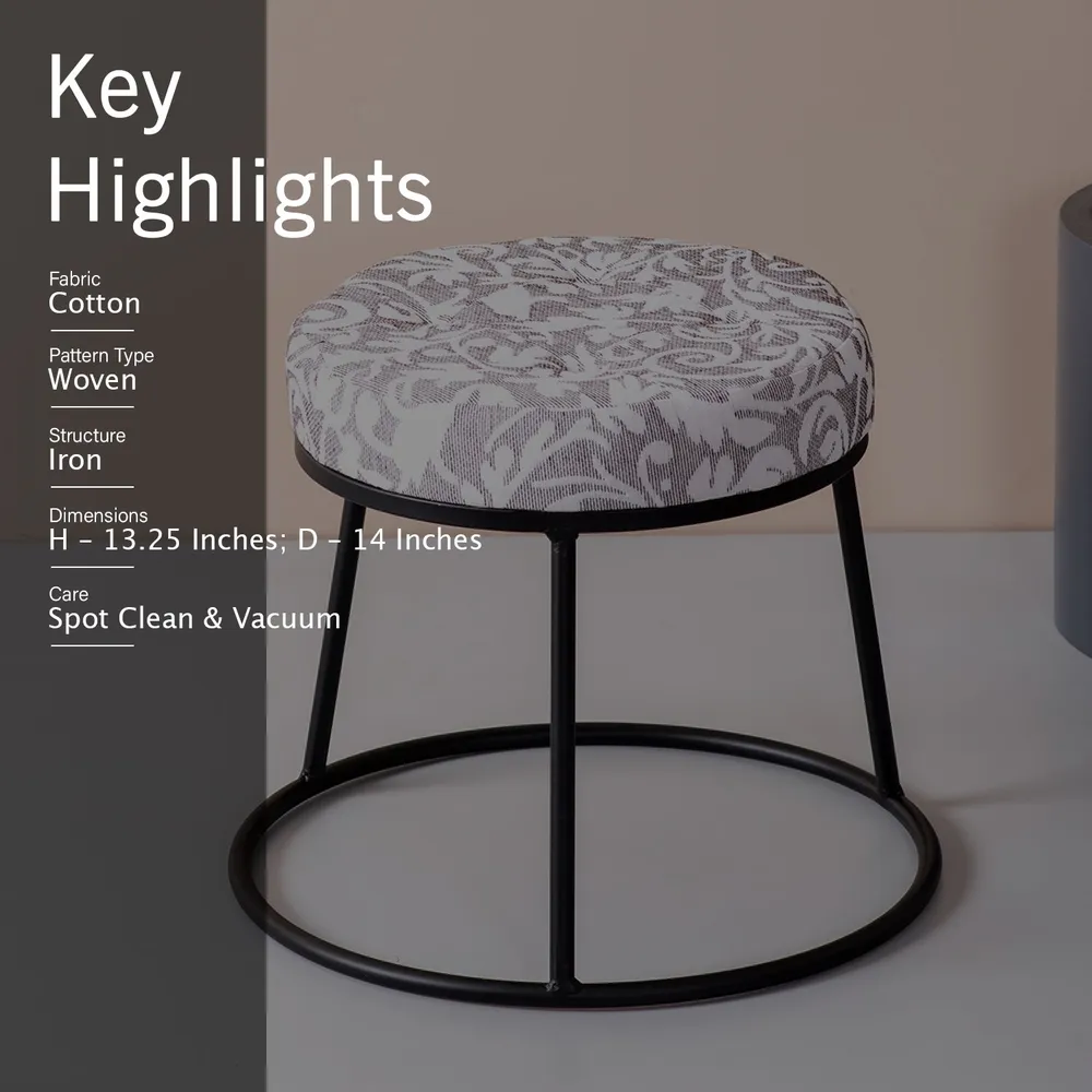 White and grey Neutral Hued Woven Jacquard Metal Ottoman Stool Set Of 2