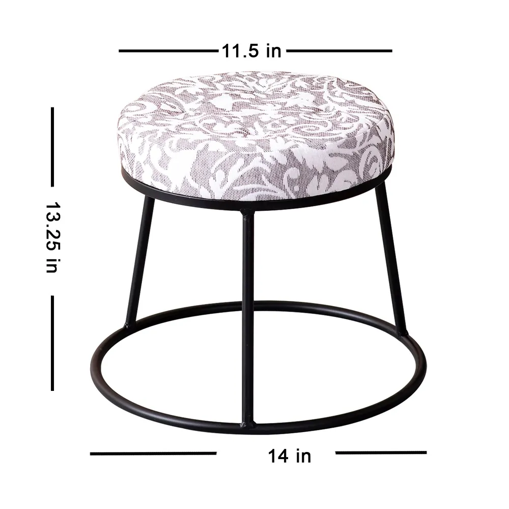 White and grey Neutral Hued Woven Jacquard Metal Ottoman Stool Set Of 2