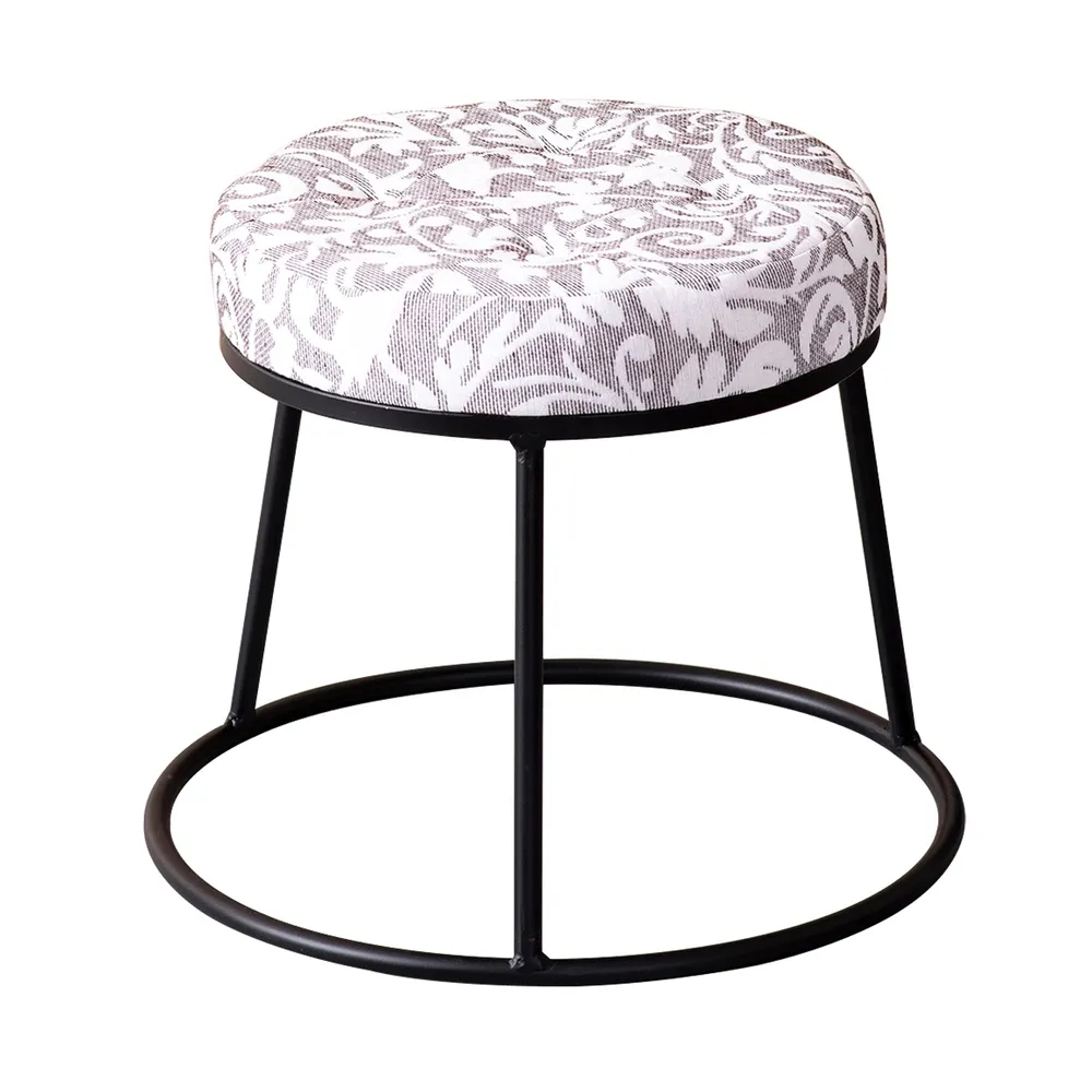 White and grey Neutral Hued Woven Jacquard Metal Ottoman Stool Set Of 2