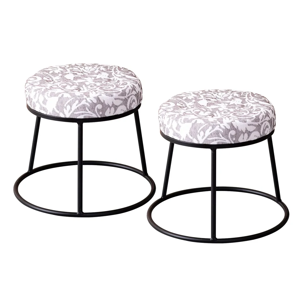 White and grey Neutral Hued Woven Jacquard Metal Ottoman Stool Set Of 2