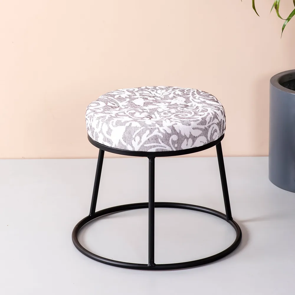 White and grey Neutral Hued Woven Metal Ottoman Stool