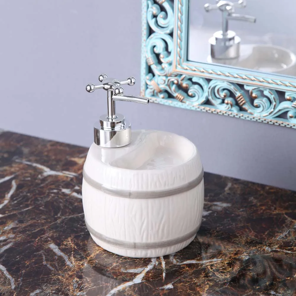White Barrel Motif Ceramic Soap Dispenser