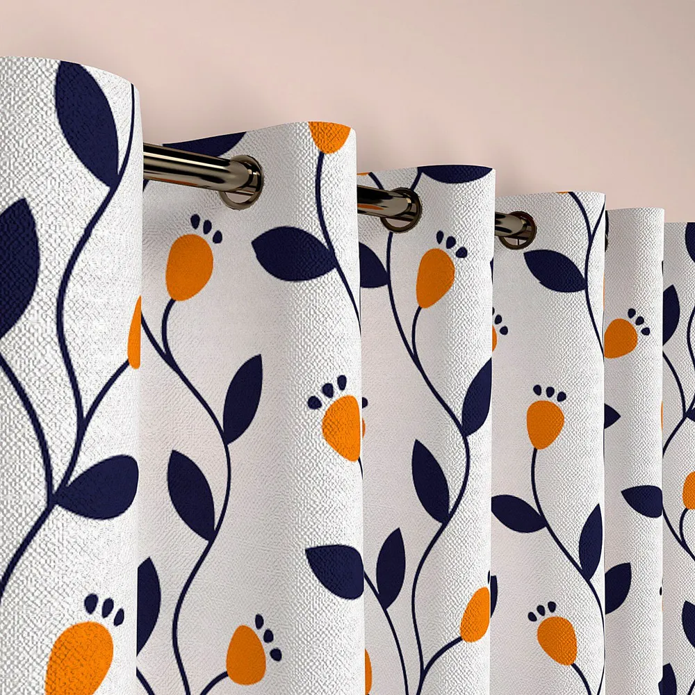 White & Blue Rising Stems Designer Window Curtain