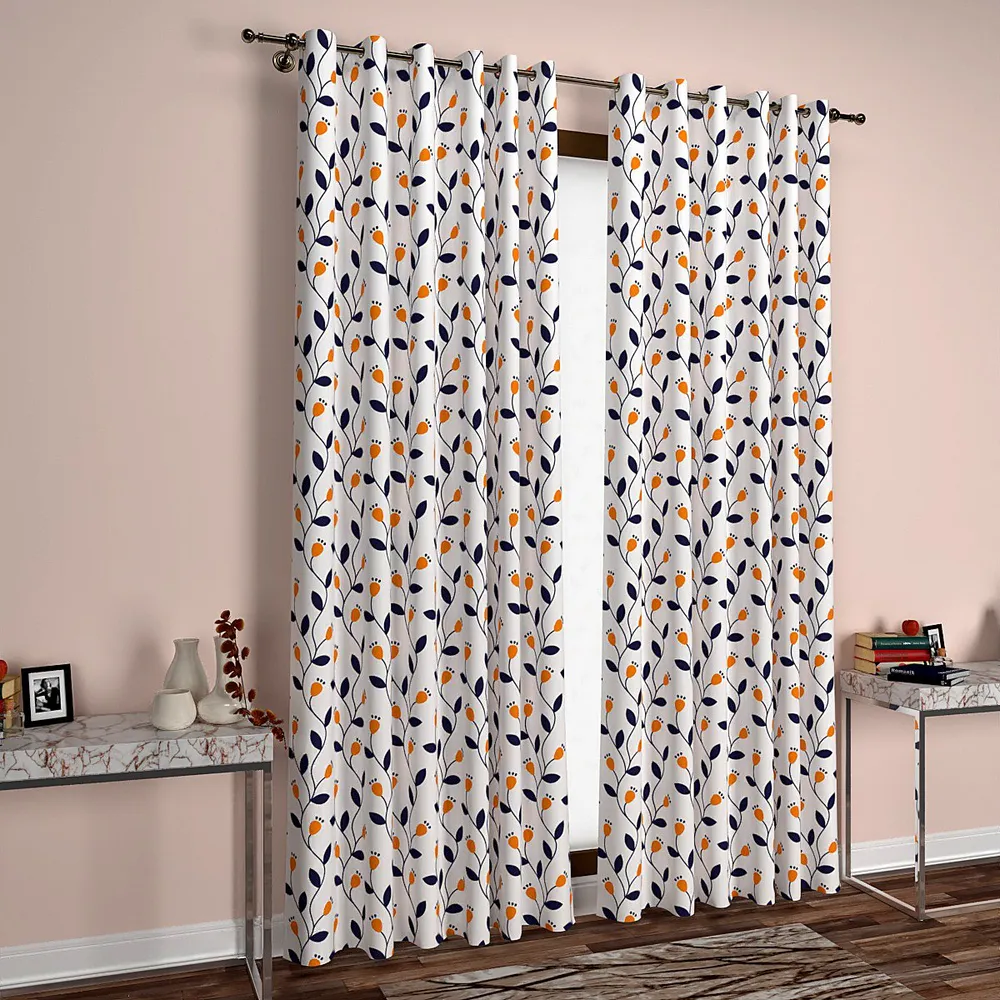 White & Blue Rising Stems Designer Window Curtain