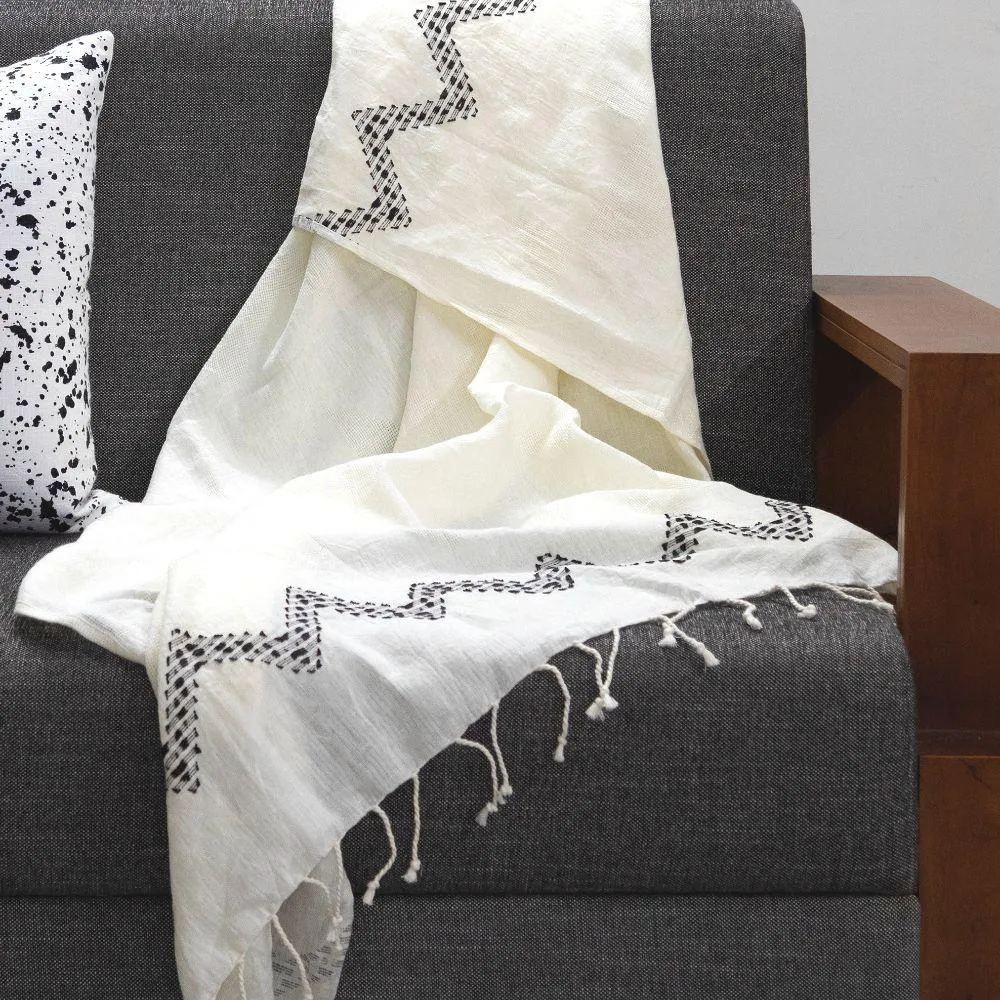 White Chevron Self Fringed Linen Blanket Throw