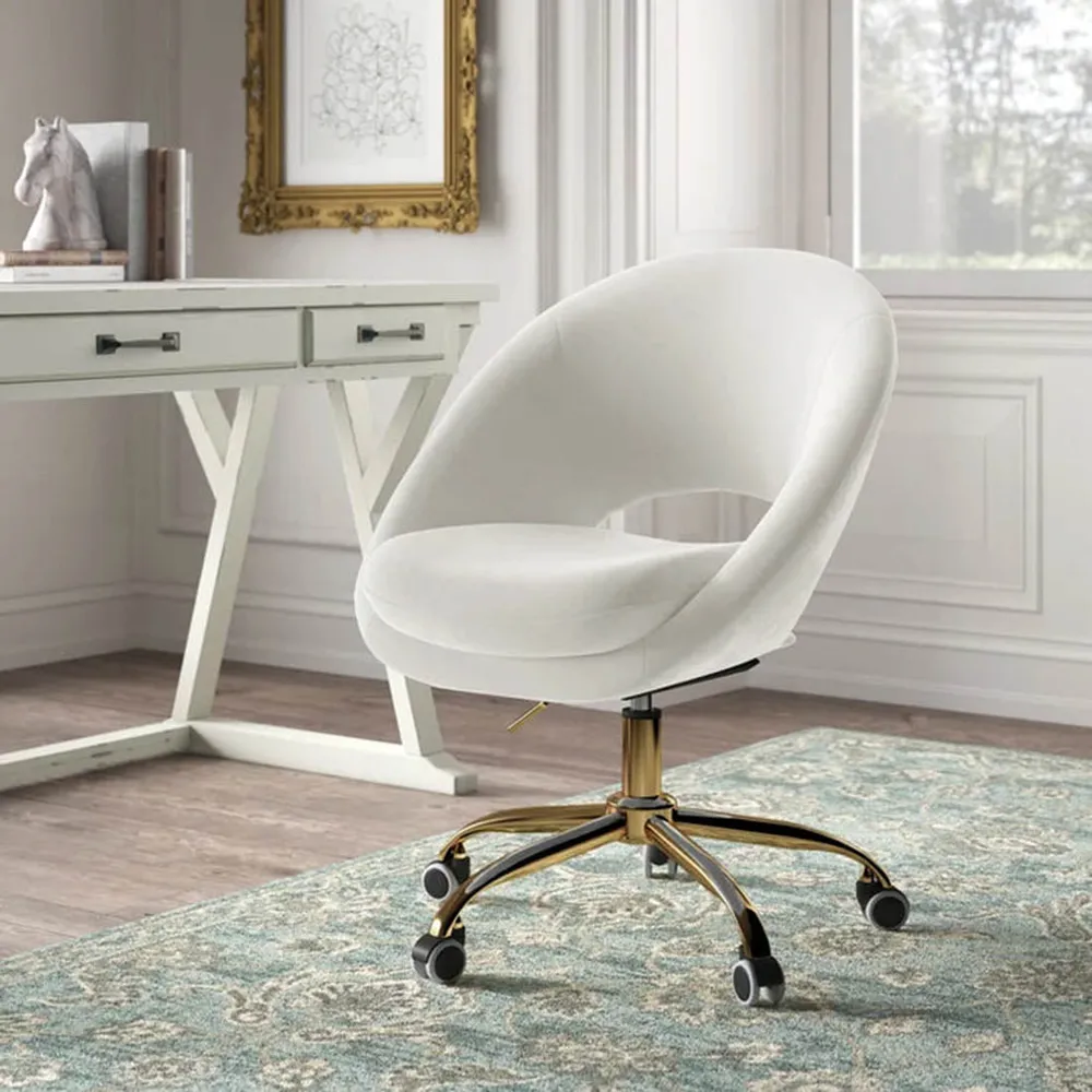 White Comfy Rounded Back Velvet Swivel Chair Single Piece