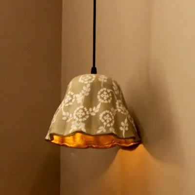 White Floral Handpainted Grey Hanging Lamp