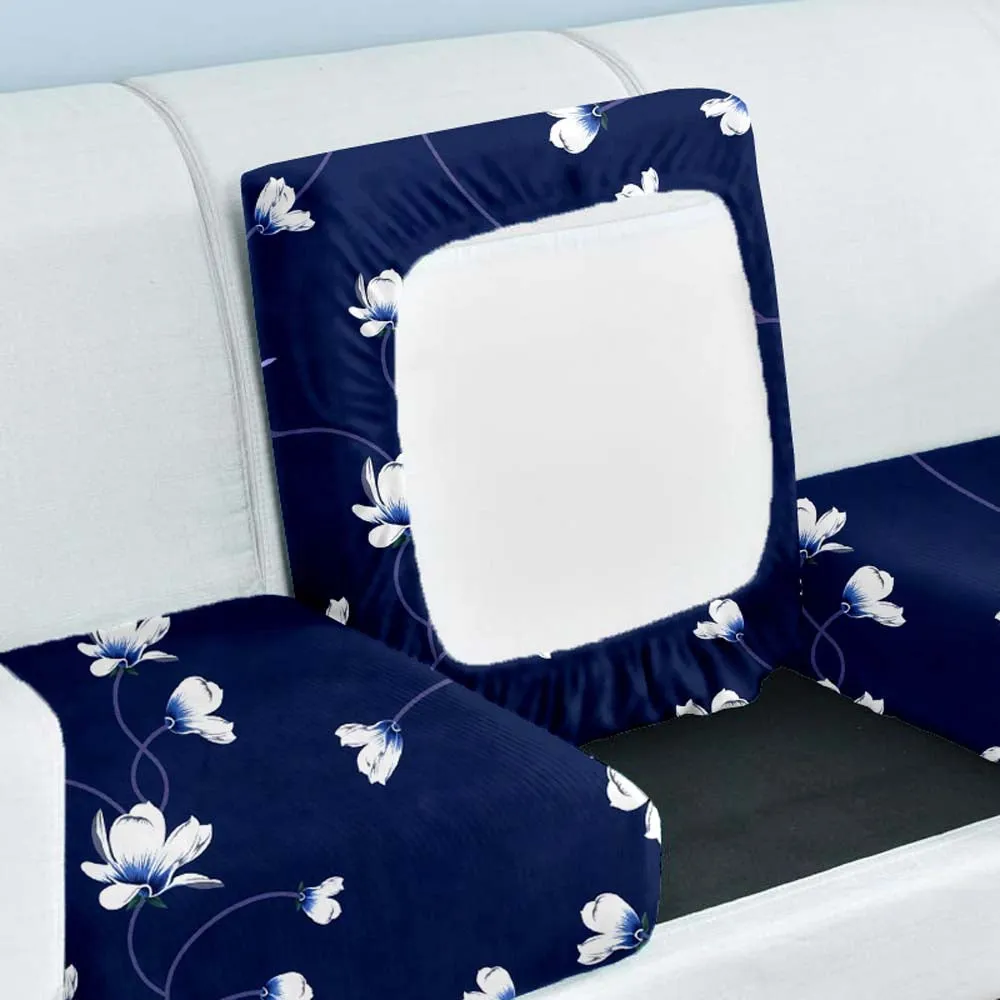 White Floral On Navy Blue Strechable Sofa Seat Cover Set Of 2/4/6/8 Pack of 2
