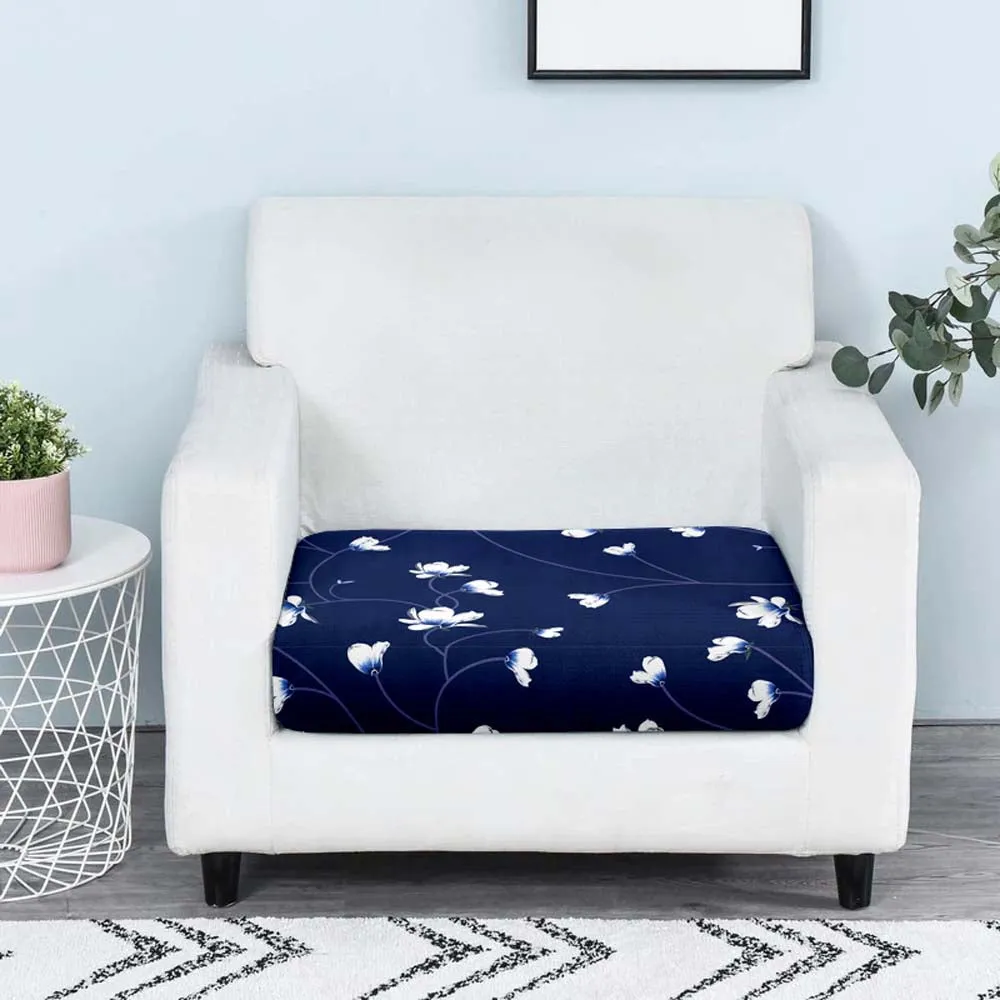 White Floral On Navy Blue Strechable Sofa Seat Cover Set Of 2/4/6/8 Pack of 2