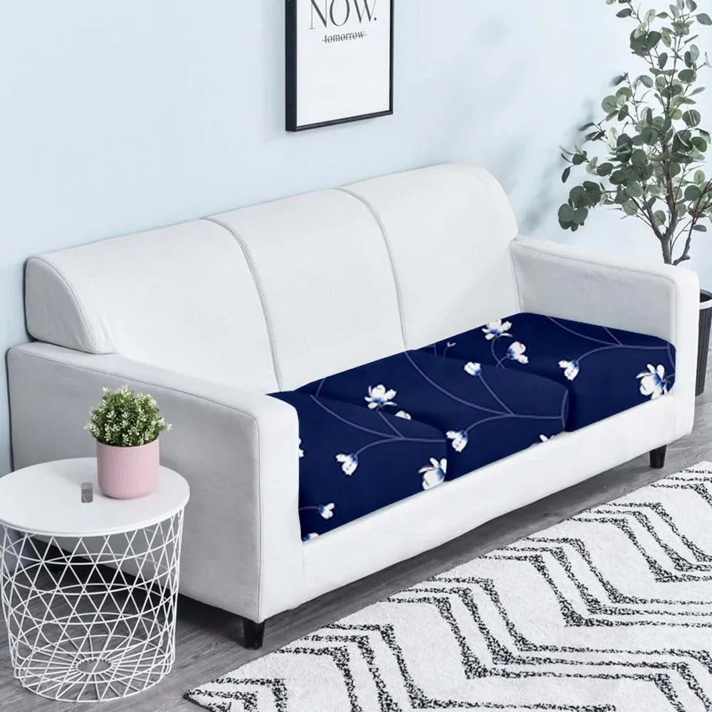 White Floral On Navy Blue Strechable Sofa Seat Cover Set Of 2/4/6/8 Pack of 2
