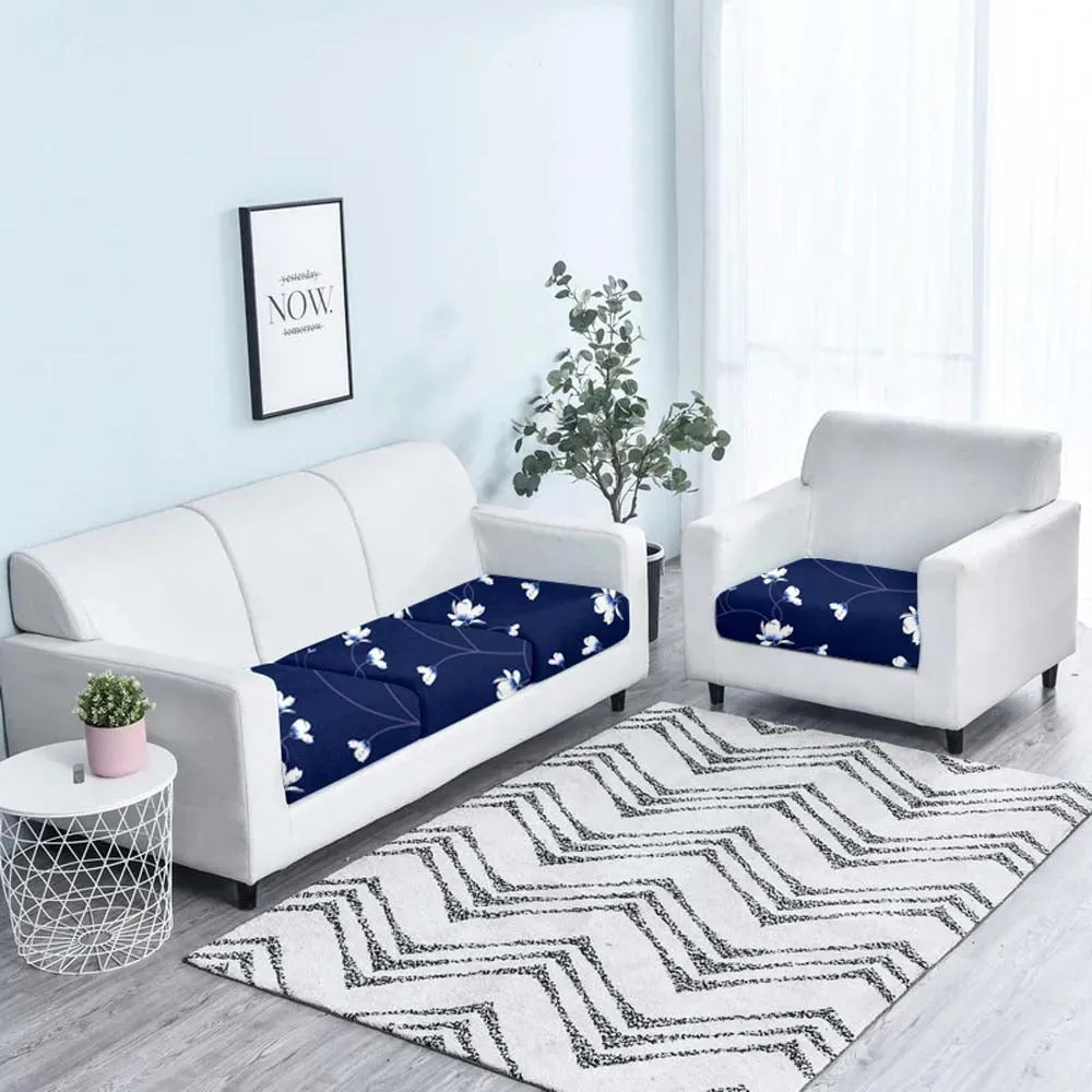 White Floral On Navy Blue Strechable Sofa Seat Cover Set Of 2/4/6/8 Pack of 2