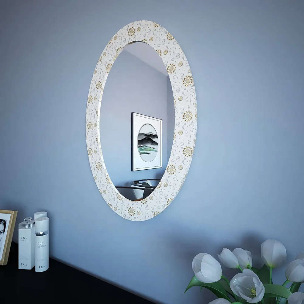 White Floral Oval Printed Mirror