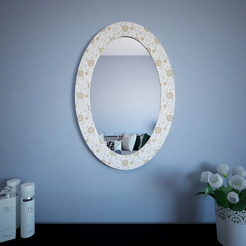 White Floral Oval Printed Mirror