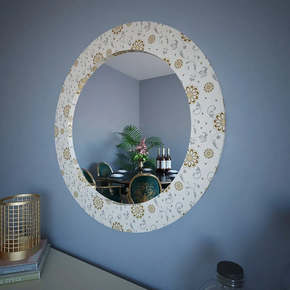 White Floral Printed Round Wall Mirror