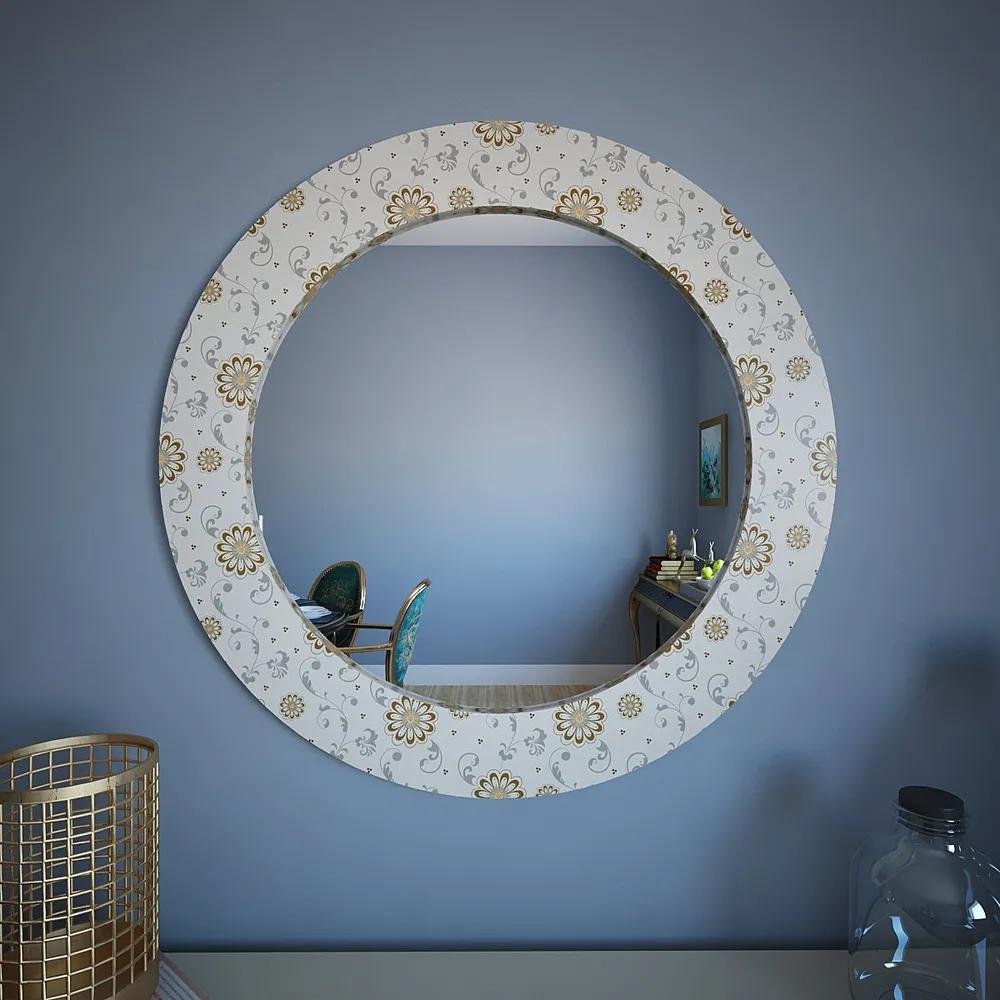 White Floral Printed Round Wall Mirror