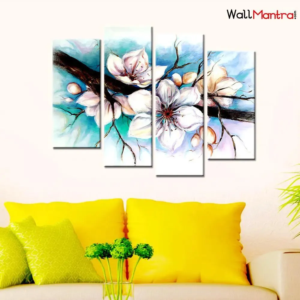 White Flower Wall Painting In Multiple Frames Canvas
