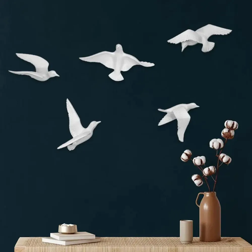 White Freespirit Flying Birds Wall Decor- Set of 5