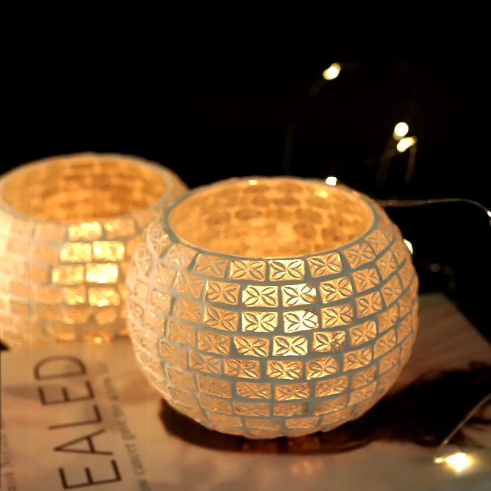 White & Gold Glass Assortment Tea Light Votive/ Candle Holder Set of Two