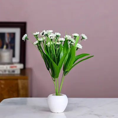 White Goldstrum Artificial Flower Bunch With Pot