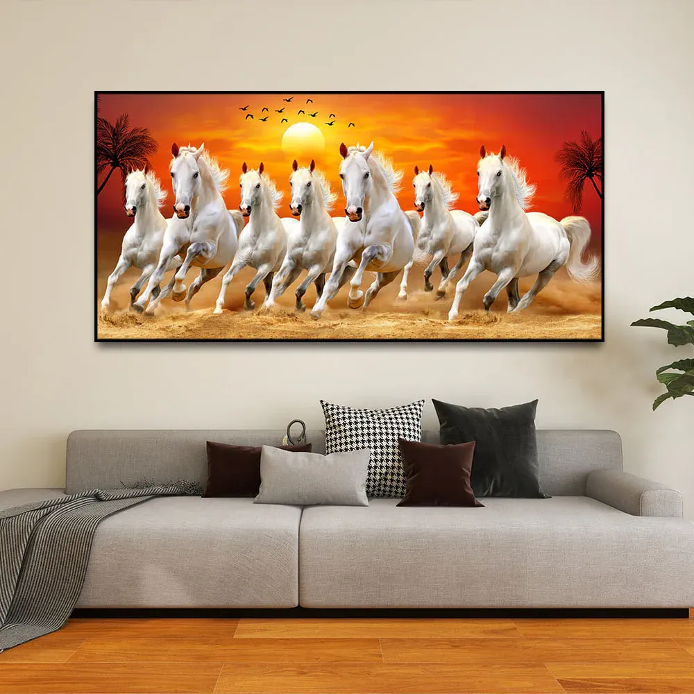 White Horses of Twilight Canvas Wall Painting With Frame