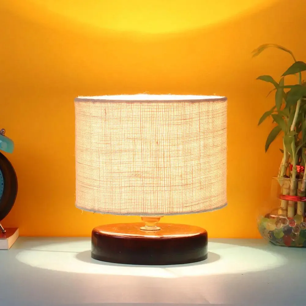 White Jute Table Lamp with Brown Wood Base