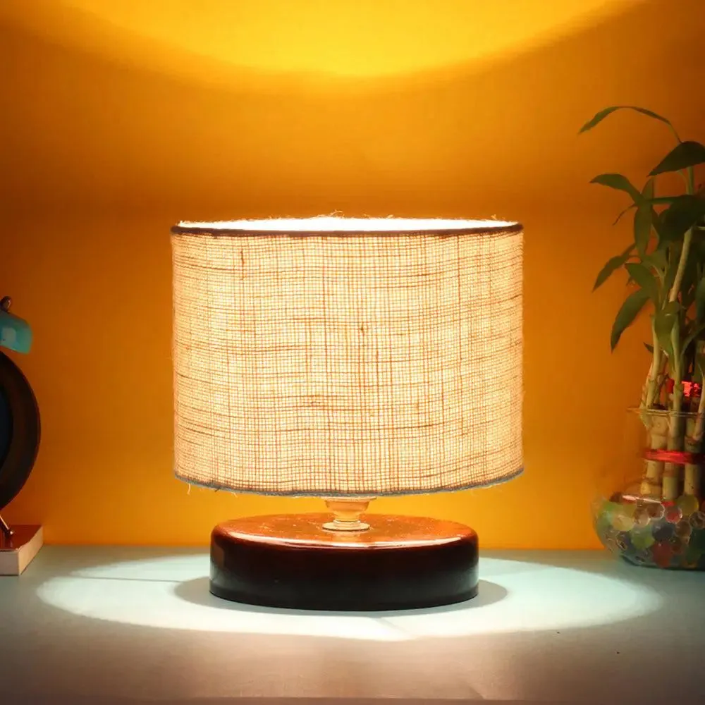 White Jute Table Lamp with Brown Wood Base