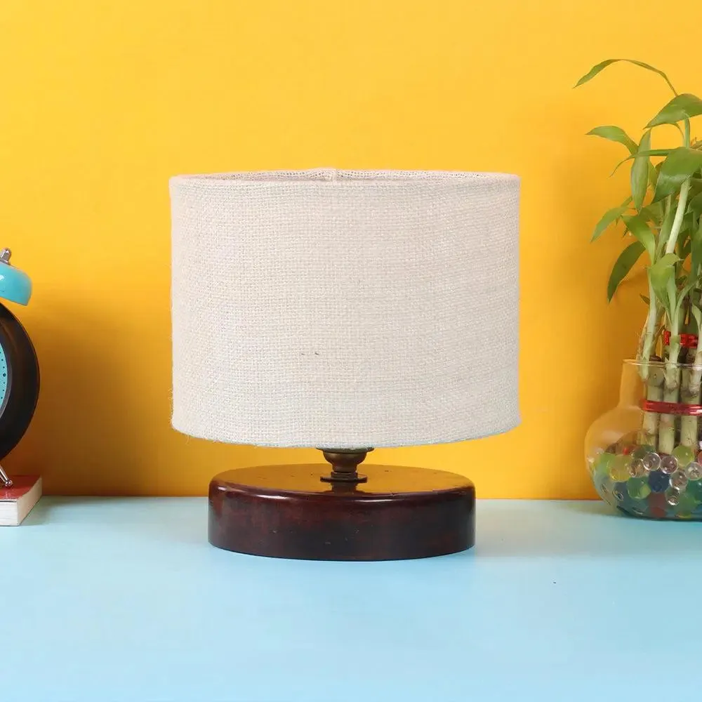 White Jute Table Lamp with Brown Wood Base