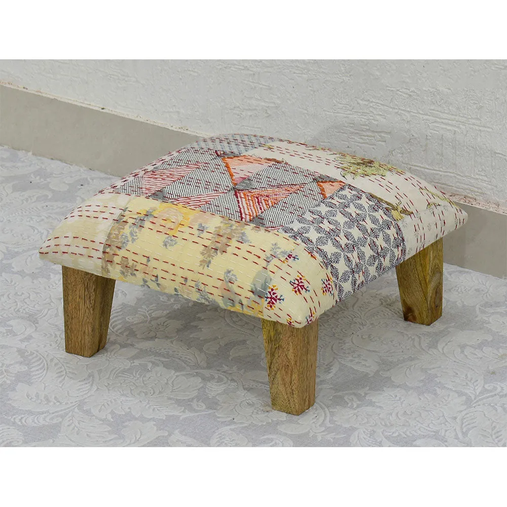 White Kantha Gudri Patchwork Multipurpose Stool/Square Pouffe/Ottoman Single Piece